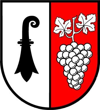 Wappen Mauchen (links Baselstab auf weißem Hintergrund, rechts Weintraube auf rotem Hintergrund)