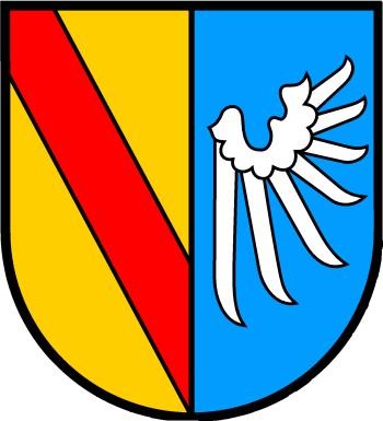 Wappen Niedereggenen (links roter Streifen diagonal auf gelbem Hintergrund, rechts weißer Flügel auf blauem Hintergrund)